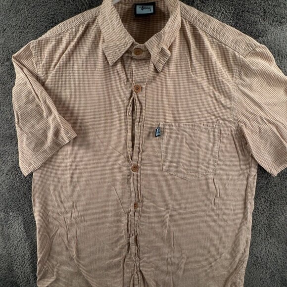 Stussy Beige Check Button Up Shirt Short Sleeve Men Polyester Cotton Blend Med - Picture 1 of 16